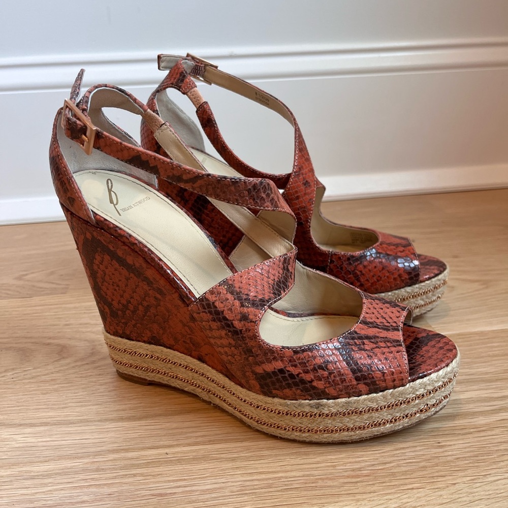 Brian Atwood wedges, snake skin with chain detail